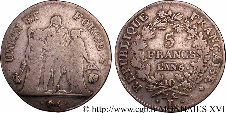 5 francs Union et Force, Union serré, seulement gland extérieur 1798 Bayonne F.288/70 BC 
