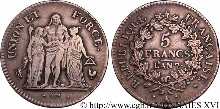 5 francs Union et Force sans gland, variété sans étoile après FORCE 1799 Paris F./ BB 