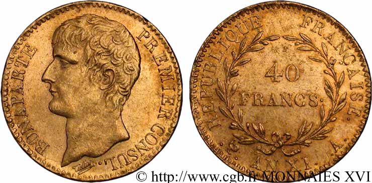 40 francs or Bonaparte Premier consul 1803 Paris F.536/1 SUP 