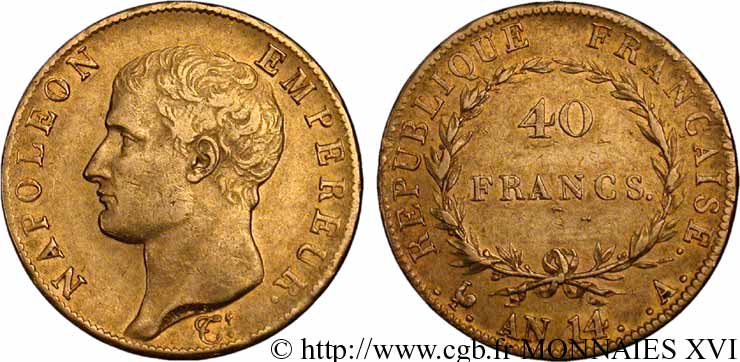 40 francs or, Napoléon tête nue, calendrier révolutionnaire 1805 Paris F.537/2 XF 
