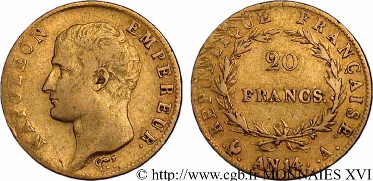 20 francs Napoléon tête nue, calendrier révolutionnaire 1805 Paris F.512/5 VF 
