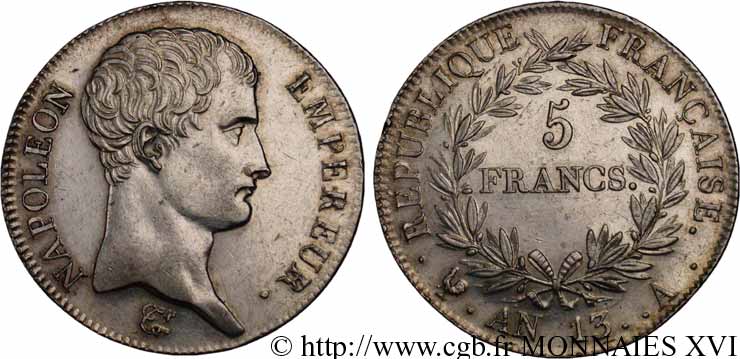 5 francs Napoléon empereur, calendrier révolutionnaire 1805 Paris F.303/2 SUP 