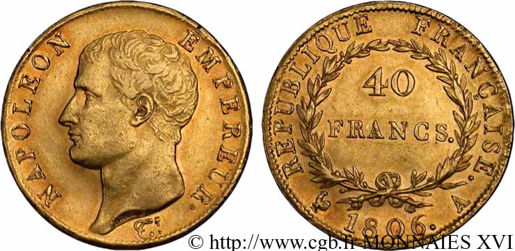 40 francs or Napoléon tête nue, calendrier grégorien 1806 Paris F.538/1 EBC 