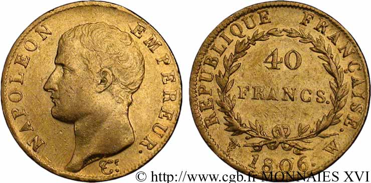 40 francs or Napoléon tête nue, calendrier grégorien 1806 Lille F.538/5 BC 