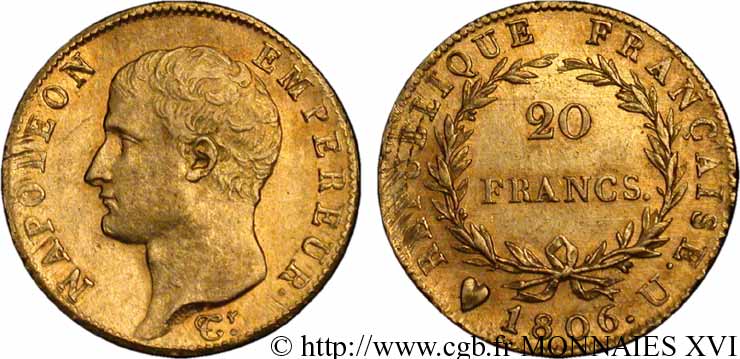 20 francs Napoléon tête nue, calendrier grégorien 1806 Turin F.513/4 EBC 