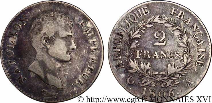 2 francs Napoléon empereur, calendrier grégorien 1806 Paris F.252/1 BC 