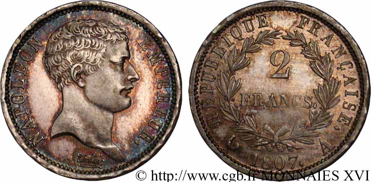 2 francs Napoléon Ier, “tête de nègre” 1807 Paris F.253/1 SUP 