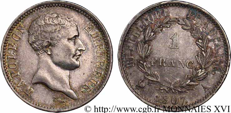 1 franc Napoléon empereur, “tête de nègre” 1807 Paris F.203/1 VZ 