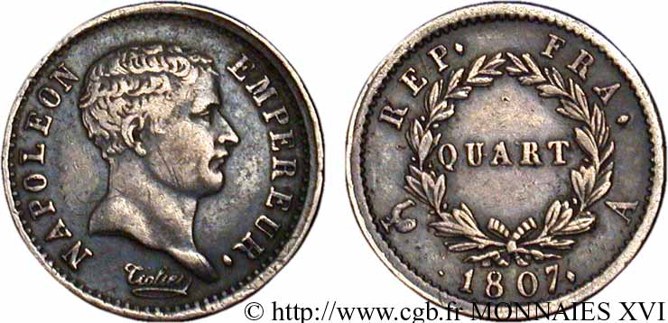 Quart (de franc) Napoléon Empereur, tête de nègre 1807 Paris F.160/1 TTB 