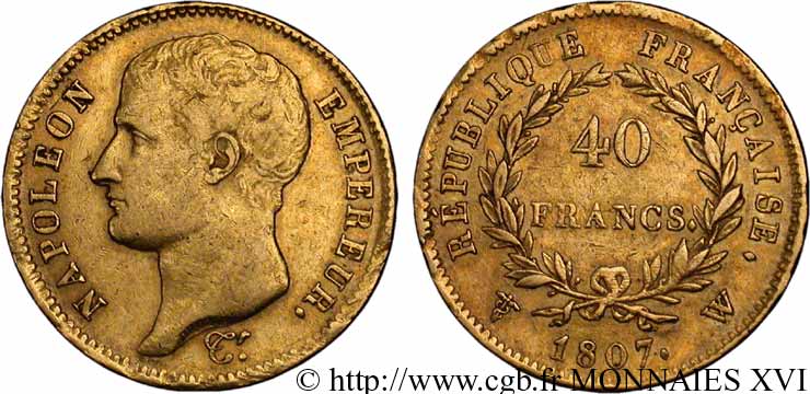 40 francs or Napoléon tête nue, type transitoire 1807 Lille F.539/5 TTB 