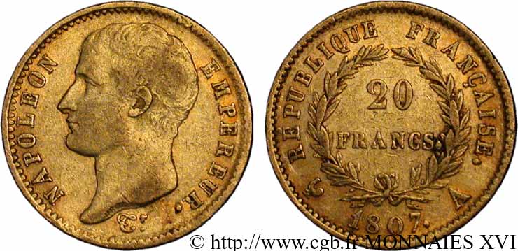 20 francs Napoléon tête nue, type transitoire 1807 Paris F.514/1 VF 