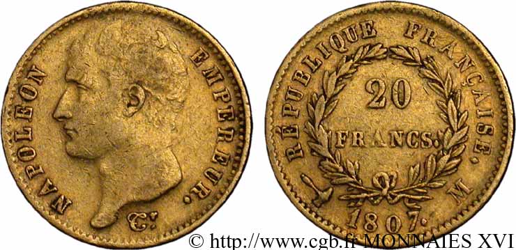 20 francs Napoléon tête nue, type transitoire 1807 Toulouse F.514/2 TB 