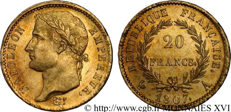 20 francs Napoléon tête laurée, République française 1807 Paris F.515/1 SC 