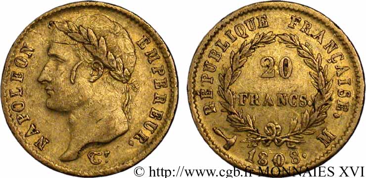 20 francs Napoléon tête laurée, République française 1808 Toulouse F.515/5 MB 