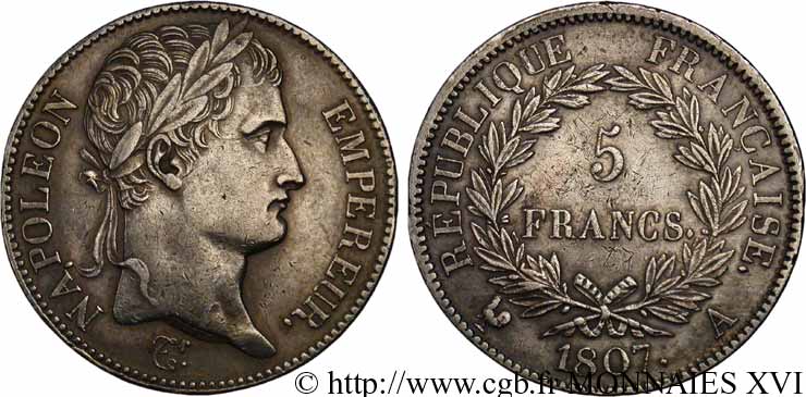 5 francs Napoléon empereur, République française 1807 Paris F.306/1 BB 