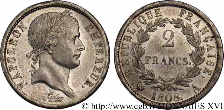 2 francs Napoléon Ier tête laurée, République française 1808 Paris F.254/4 AU 