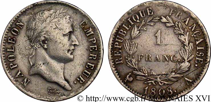 1 franc Napoléon Ier tête laurée, République française 1808 Paris F.204/2 VF 