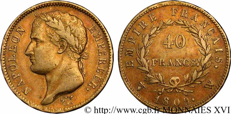 40 francs or Napoléon tête laurée, Empire français 1809 Lille F.541/3 XF 
