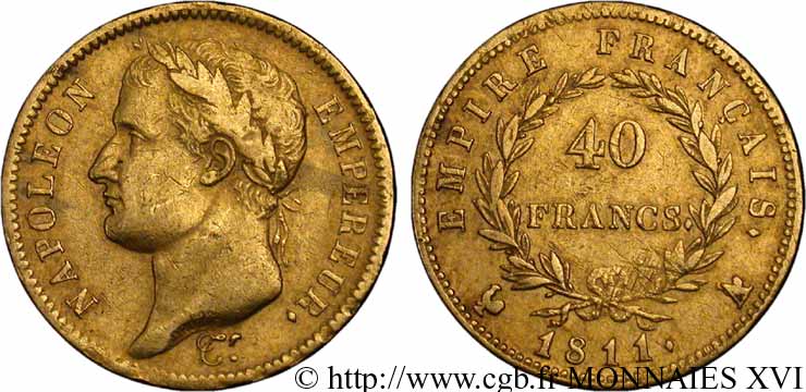 40 francs or Napoléon tête laurée, Empire français, A sur Coq 1811 Paris F.541/7 BB 