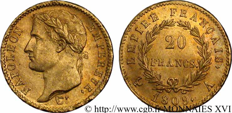 20 francs or Napoléon, tête laurée, Empire français 1809 Paris F.516/1 EBC 