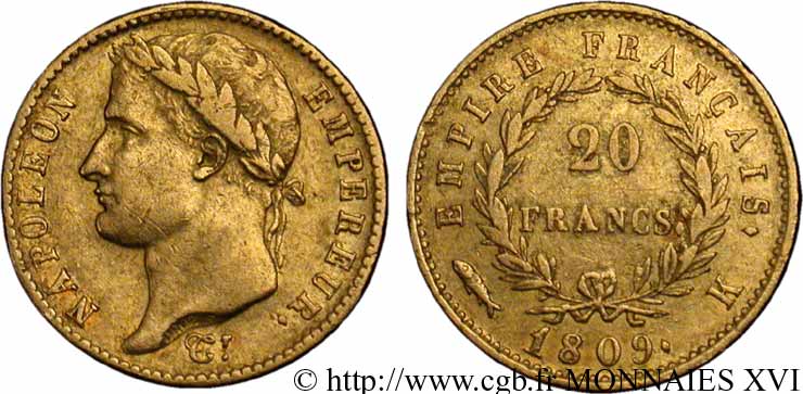 20 francs or Napoléon, tête laurée, Empire français 1809 Bordeaux F.516/3 BB 