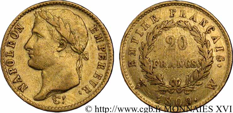 20 francs or Napoléon, tête laurée, Empire français 1809 Lille F.516/7 VF 