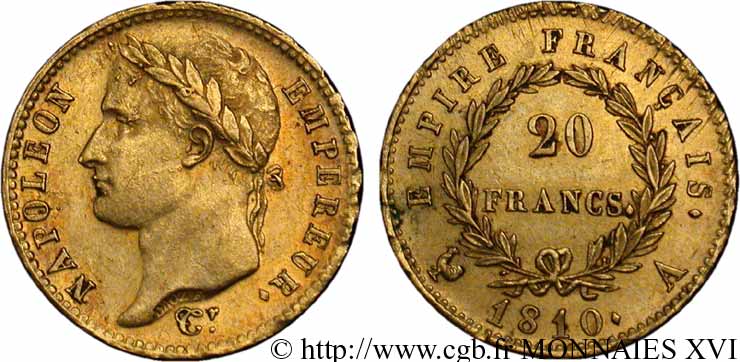20 francs or Napoléon, tête laurée, Empire français 1810 Paris F.516/8 XF 