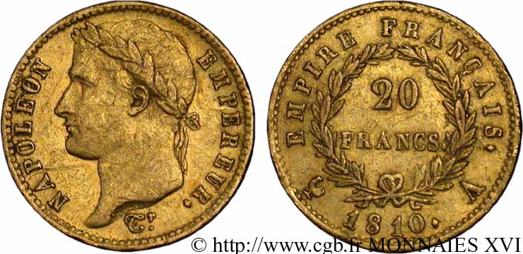 20 francs or Napoléon, tête laurée, Empire français 1810 Paris F.516/8 SS 