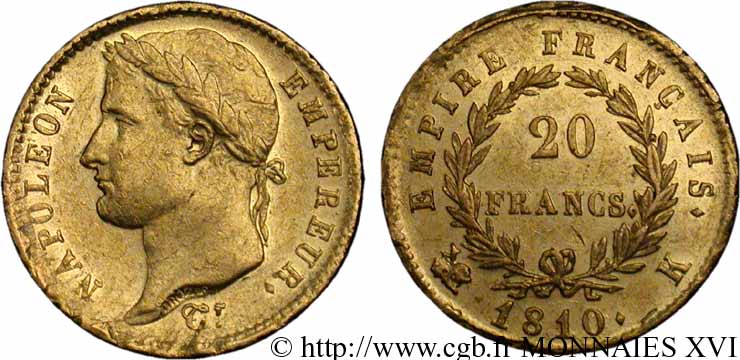 20 francs or Napoléon, tête laurée, Empire français 1810 Bordeaux F.516/11 XF 