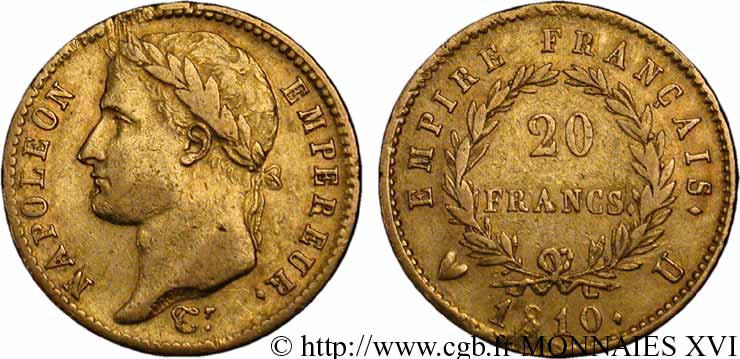 20 francs or Napoléon, tête laurée, Empire français 1810 Turin F.516/14 MBC 