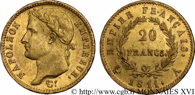20 francs or Napoléon, tête laurée, Empire français 1811 Paris F.516/16 SPL 