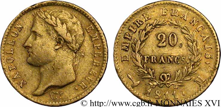20 francs or Napoléon, tête laurée, Empire français 1811 Toulouse F.516/19 TTB 