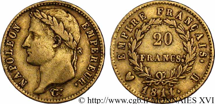 20 francs or Napoléon, tête laurée, Empire français 1811 Turin F.516/20 TB 