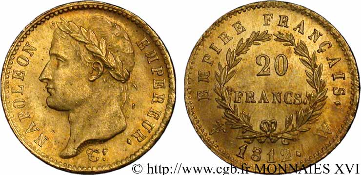 20 francs or Napoléon, tête laurée, Empire français 1812 Lille F.516/29 VZ 