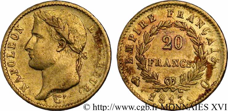 20 francs or Napoléon, tête laurée, Empire français 1813 Perpignan F.516/34 MBC 