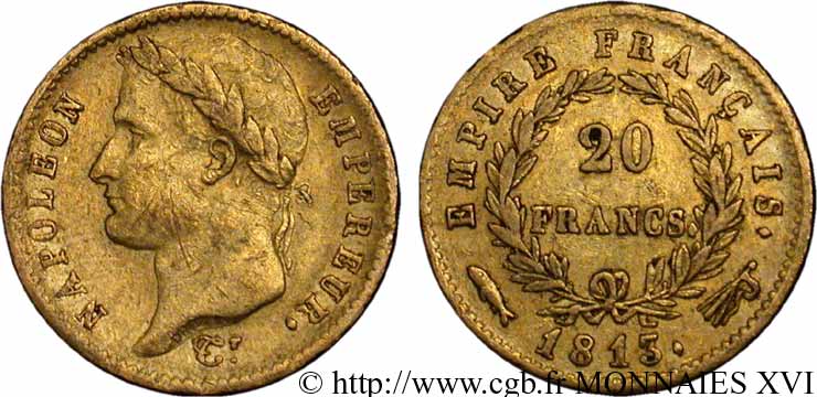 20 francs or Napoléon, tête laurée, Empire français 1813 Utrecht F.516/37 BB 