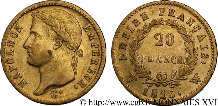 20 francs or Napoléon, tête laurée, Empire français 1813 Lille F.516/38 BB 