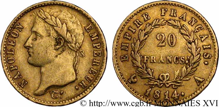 20 francs or Napoléon, tête laurée, Empire français 1814 Paris F.516/39 BB 