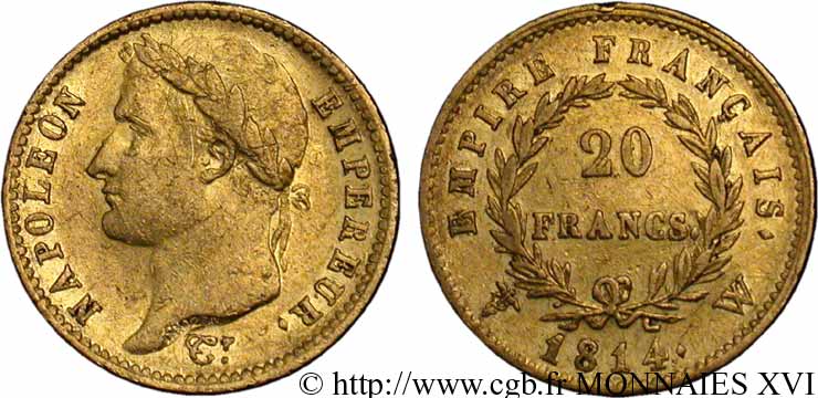 20 francs or Napoléon, tête laurée, Empire français 1814 Lille F.516/42 BC 