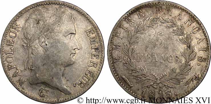 5 francs Napoléon empereur, Empire français 1813 Utrecht F.307/74 VF 