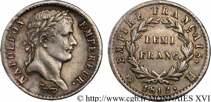 Demi-franc Napoléon empereur, Empire français 1812 La Rochelle F.178/38 XF 