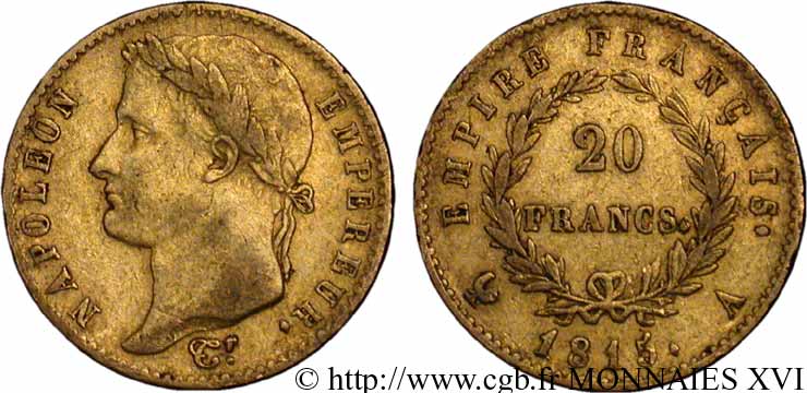 20 francs or Napoléon, tête laurée, Empire français 1815 Paris F.516A/1 TB 