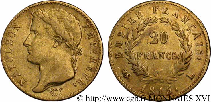 20 francs or Napoléon, tête laurée, Empire français 1815 Bayonne F.516A/2 VF 