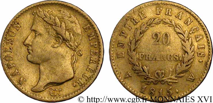 20 francs or Napoléon, tête laurée, Empire français 1815 Lille F.516A/3 VF 