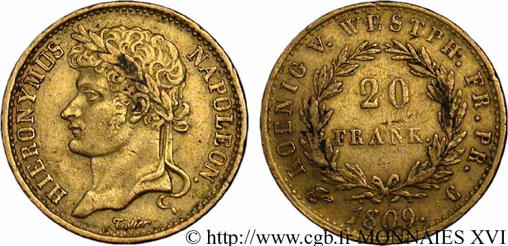GERMANY - KINGDOM OF WESTPHALIA - JÉRÔME NAPOLÉON 20 frank or 1809 Cassel BB 