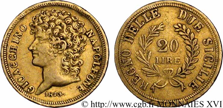 20 lires en or, branches longues 1813 Naples VG.2253  XF 