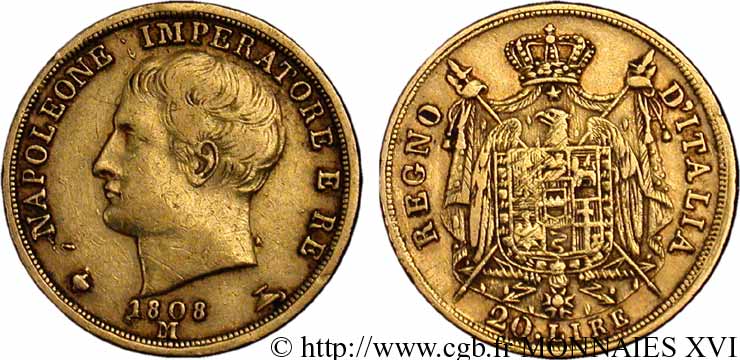 20 lires en or, 2e type 1808 Milan VG.1314  XF 
