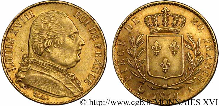 20 francs or Louis XVIII, buste habillé 1814 Paris F.517/2 SPL 
