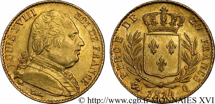 20 francs or Louis XVIII, buste habillé 1814 Perpignan F.517/7 SUP 
