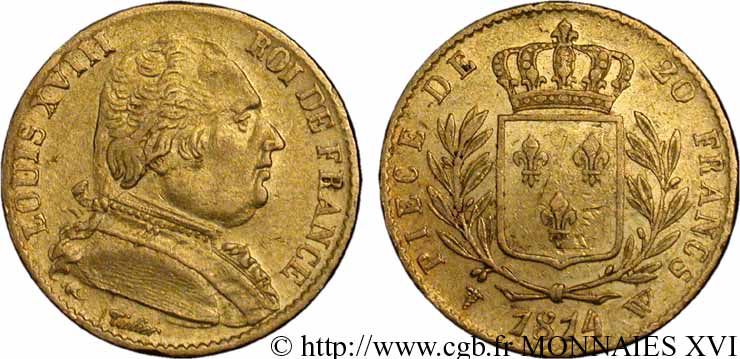 20 francs or Louis XVIII, buste habillé 1814 Lille F.517/9 MBC 